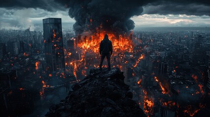 Obraz premium Man Standing on Edge Overlooking City in Flames and Smoke
