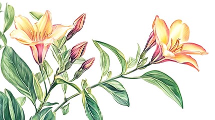 Fototapeta premium A serene and delicate floral branch with pink roses and green leaves