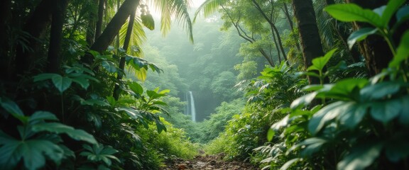 Serene waterfall cascading through a misty, vibrant green jungle landscape surrounded by lush tropical vegetation