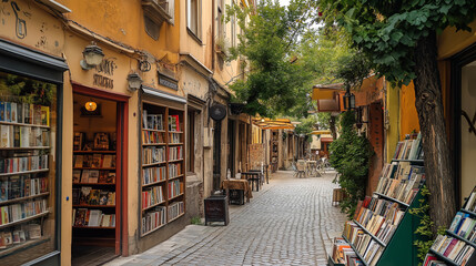 A vintage European street lined with charming bookstores