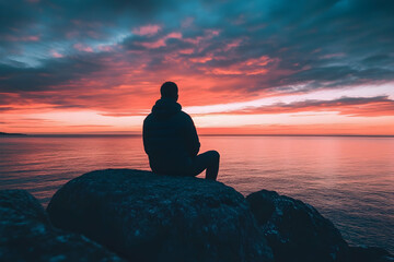 A man sits on rocks by the ocean, gazing at the fiery sunset reflecting on calm waters, enjoying a moment of solitude and peace.