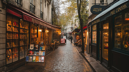 Fototapeta premium A vintage European street lined with charming bookstores