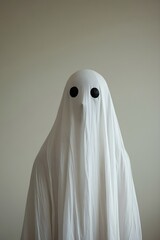 A person wearing an white sheet ghost costume with two small black eyes on the forehead