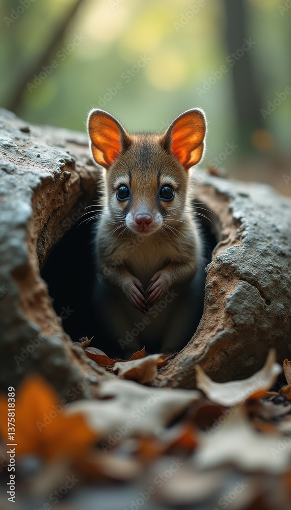 Poster portrait of a tiny australian marsupial peeking out from a burrow surrounded by autumn leaves in the