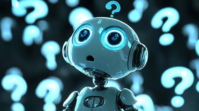 A playful robot looking confused as holographic question marks swirl around.