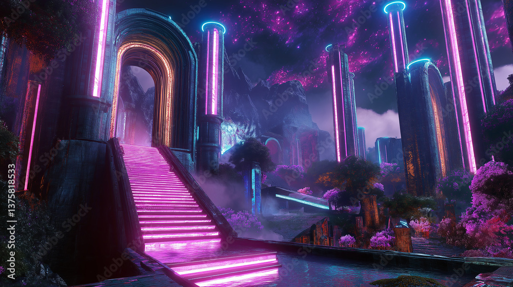 Poster an ancient temple merged with futuristic neon-lit elements.