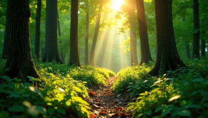 Fototapeta premium Radiant sunlight illuminates dappled forest floor amidst lush green, vegetation, dappled, leaves