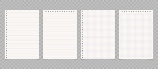 Set of torn lined and squared paper. Torn sheet of paper from a notebook with rough edges. Vector illustration of sticky notes and notebook pages for banners, posters, posts.