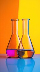 Colorful liquids in lab flasks, science experiment, vibrant background, research