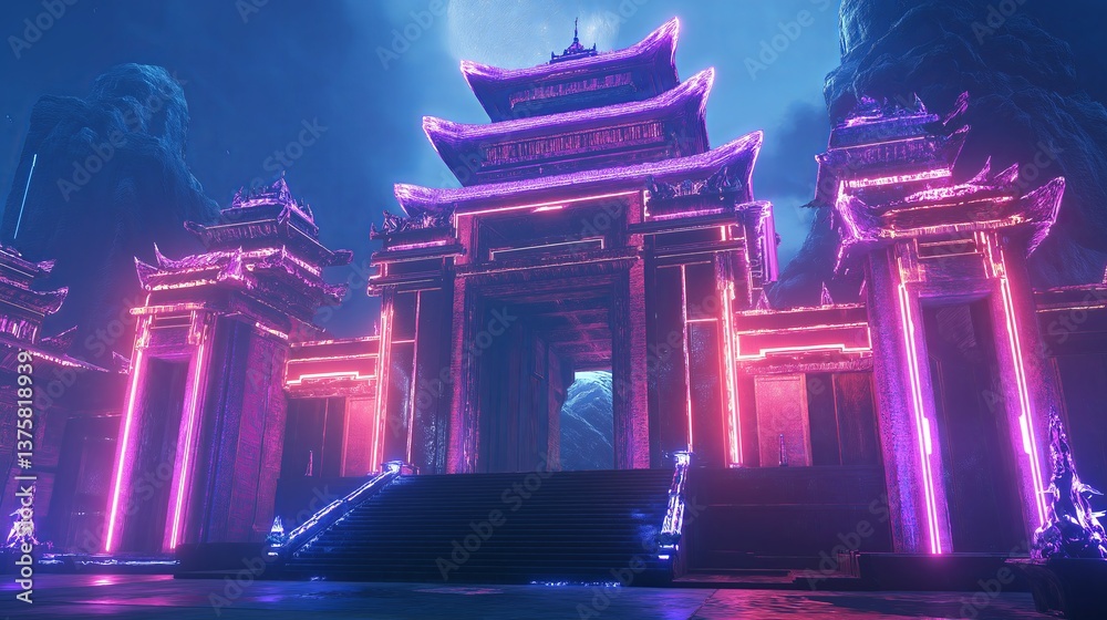 Poster an ancient temple merged with futuristic neon-lit elements.