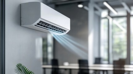 Modern air conditioning unit cools a spacious office environment during summer work hours
