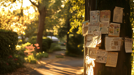 an announcement board with notes posted on a tree in a park, bathed in warm sunlight. The background features a blurred pathway and lush greenery