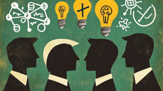 Silhouette of Four Men Brainstorming Ideas on a Green Chalkboard Background
