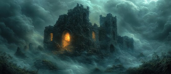 Ruined castle in a mystical fog at night