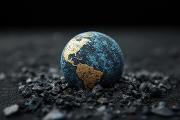 A miniature decorative globe rests amid dark textured fragments