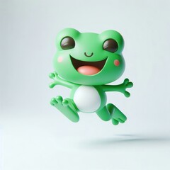 Obraz premium Animated character 3D image of happy green frog jump, cute design, white background