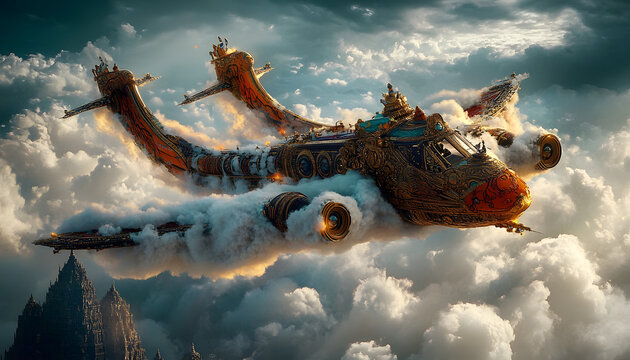 AI generated of the Pushpak Viman - the ancient divine airplane owned by the demon king Ravan in the Indian Hindu epic Ramayan
