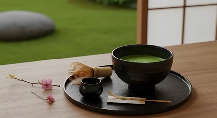 A minimalist Japanese matcha set: whisked vibrant green tea in a black stoneware bowl, bamboo whisk resting on a lacquer tray. traditional backdrop and sakura leaf.