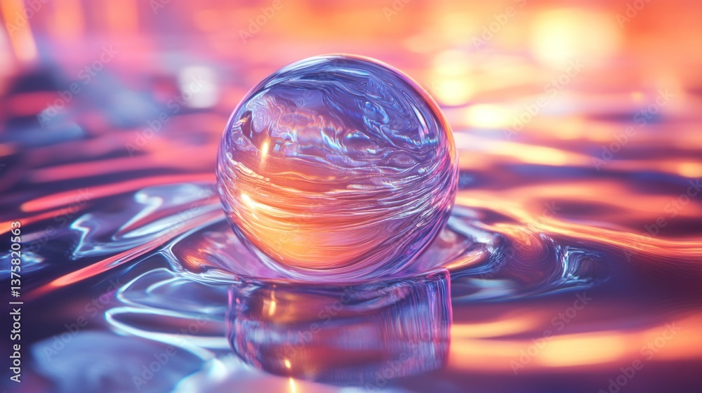 Poster iridescent orb reflecting abstract light patterns shimmering across its surface creating a mesmerizing spectacle of color and texture