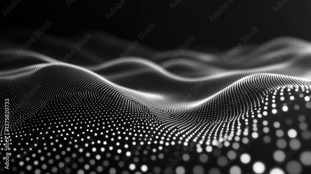 Poster abstract wave pattern formed by white dots over a dark backdrop suggesting technological innovation 