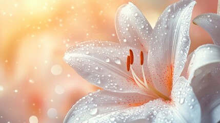 Fototapeta premium radiant lily blossom adorned with water droplets sparkling against a luminous backdrop evoking freshness serenity and natural beauty