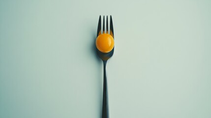 Against a white backdrop, a gray-walled hook supports a fork with an egg balanced on its tines