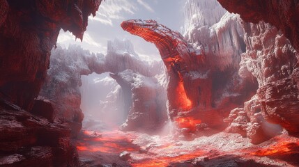 A surreal landscape featuring an otherworldly arch and fiery caverns