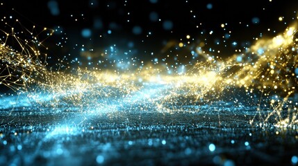 Abstract Blue and Gold Particle Background with Glowing Lights