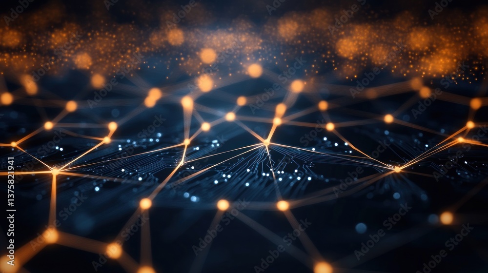 Poster abstract interconnected network visualizing neural connections data flow with golden light represent