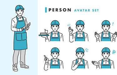 カフェ・飲食店　エプロン姿の男性の店員のアバターセット