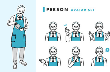 カフェ・飲食店　エプロン姿の男性の店員のアバターセット