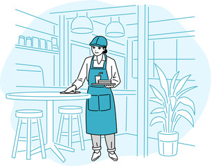 カフェ・飲食店　テーブルを拭くエプロン姿の店員の立ち姿