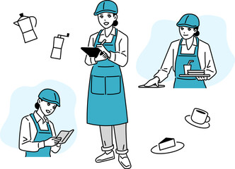 カフェ・飲食店　テーブルを拭くエプロン姿の店員の立ち姿