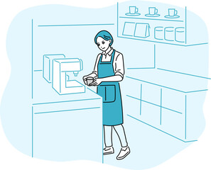 カフェ・飲食店　コーヒーを淹れるエプロン姿の店員の立ち姿