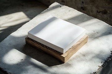 Square White Block on Rustic Wood Plinth with Concrete Background and Soft Shadow