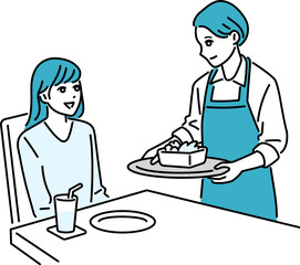 カフェ・飲食店　テーブルに料理を運ぶエプロン姿の女性の店員