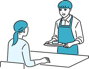 カフェ・飲食店　テーブルに料理を運ぶエプロン姿の男性の店員