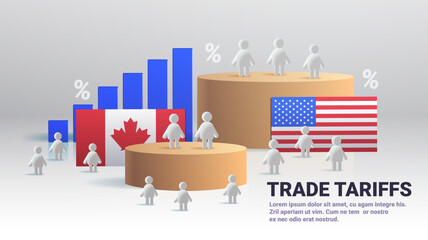 Trade tariffs concept with flags and figures depicting economic relations between countries. Bar charts and percentage symbols in a neutral background