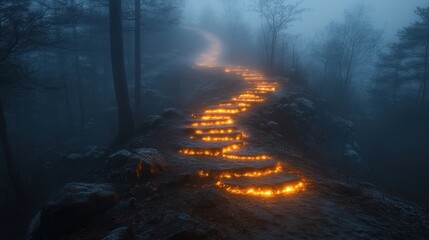 Misty forest path illuminated by glowing steps