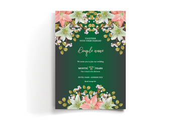 Obraz premium WEDDING INVITATION FRAME WITH FLOWER DECORATIONS AND FRESH LEAVES