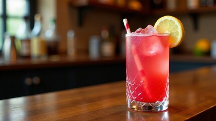 Refreshing summer beverage in a crystal glass with a lemon garnish and striped straw on a wooden surface
