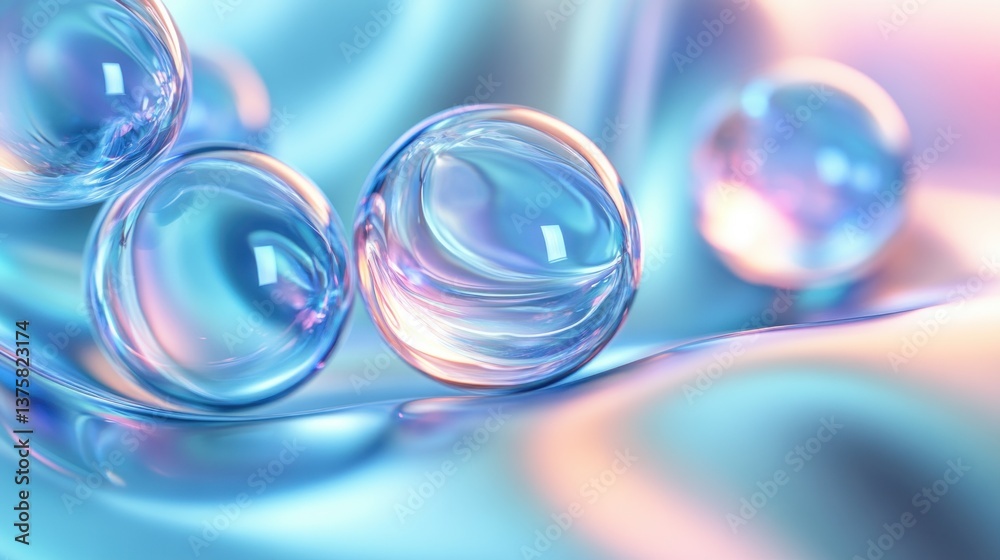 Poster iridescent spheres on flowing surface abstract rendering with pastel reflections and subtle play of 