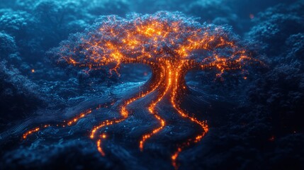 Fototapeta premium Fiery glowing tree in mystical night forest