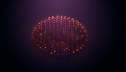 A minimal, full-scale grid pattern with luminous dots in a line style, viewed from an angled aerial perspective. The network is blurred and soft in the foreground, with neon purple and orange colors, 