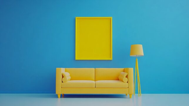 A sunny yellow sofa, a pot filled with lush greenery, and a warm blue accent wall illuminated by the soft glow of a yellow floor lamp all contribute to a cozy living space