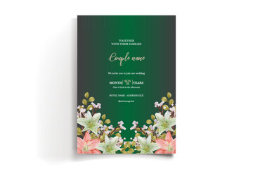 WEDDING INVITATION FRAME WITH FLOWER DECORATIONS AND FRESH LEAVES