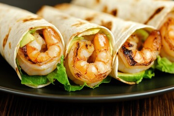 Grilled shrimp wraps with avocado and lettuce on a dark plate, isolated food photography, side view