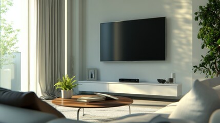 Modern living room with sleek furniture, large television, and natural light in a bright atmosphere during daytime