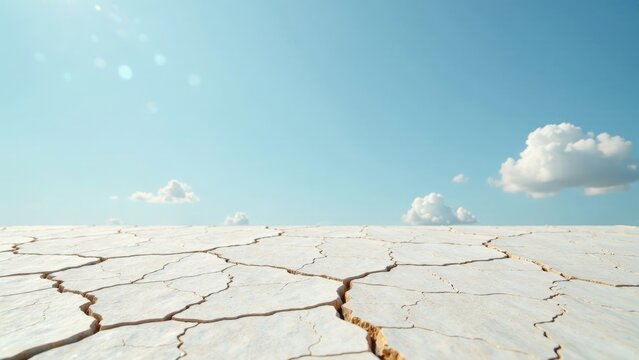 Arid landscape featuring cracked earth under a vibrant blue sky dotted with fluffy white clouds, suggesting a parched environment under a sunlit atmosphere