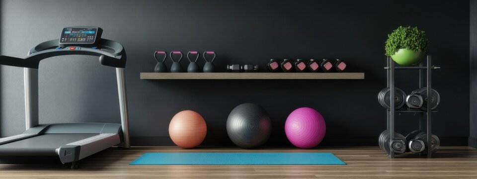 Modern home gym setup with exercise equipment arranged neatly against a dark wall - Powered by Adobe